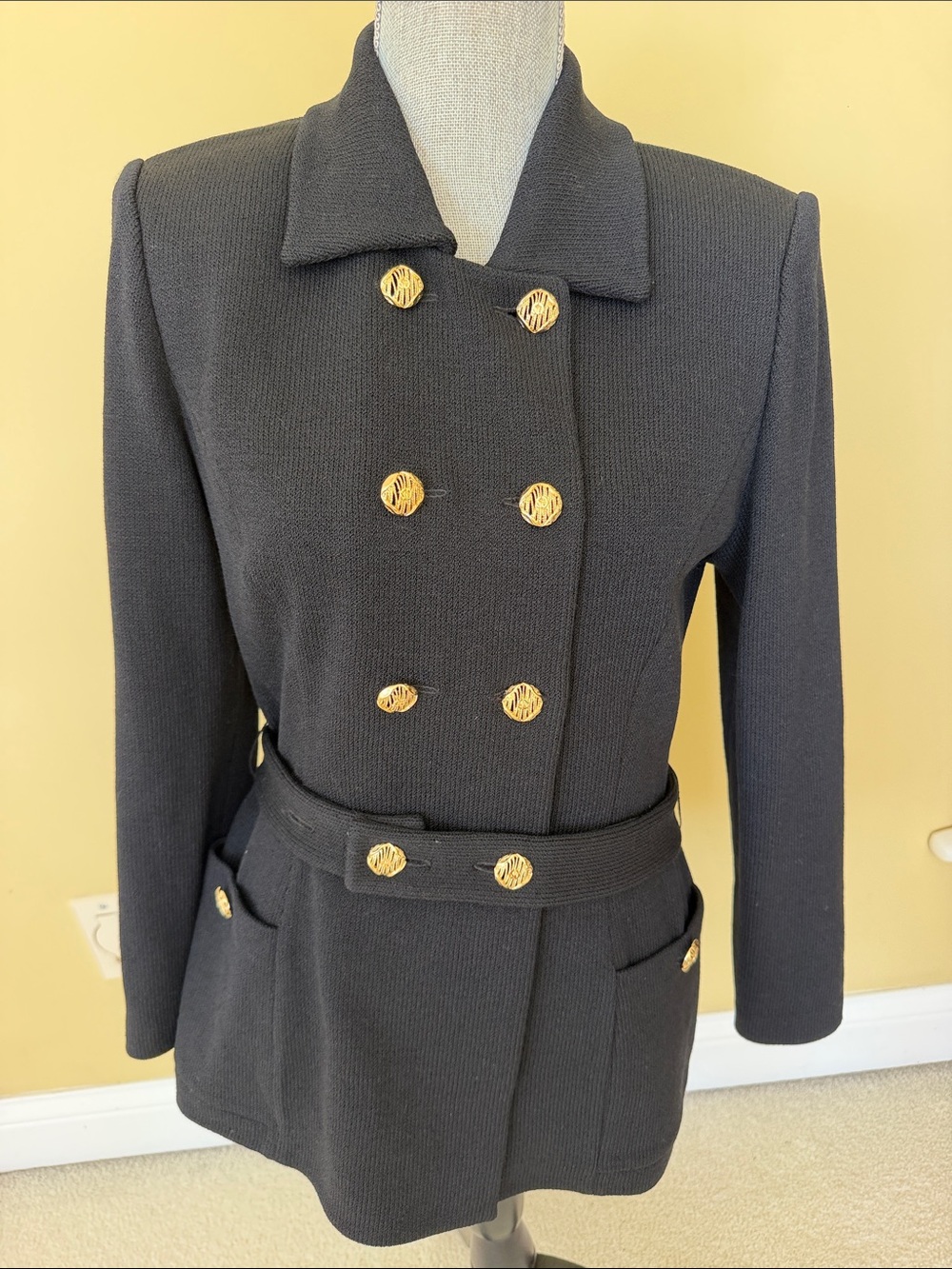 St. John Black Double-Breasted Belted Blazer with Gold Buttons